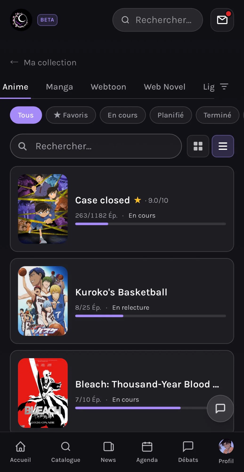 Ma collection sur mobile : suivi par format et par statut.